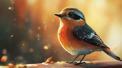  a bird sitting on top of a piece of wood next to a leaf filled forest filled with leaves and a bright orange and blue bird sitting on top of a piece of wood.