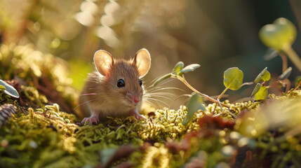  a small mouse sitting on top of a moss covered forest floor next to a leafy green plant growing on top of a patch of moss covered with tiny green leaves.