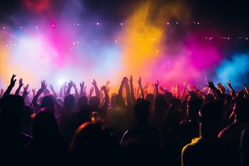 Vibrant concert stage with colorful lights and blurred crowd in a mesmerizing bokeh effect
