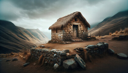 Stone house with an aged thatched roof, standing on a rugged Andean mountain slope in Peru. - Powered by Adobe