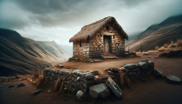 Stone house with an aged thatched roof, standing on a rugged Andean mountain slope in Peru.