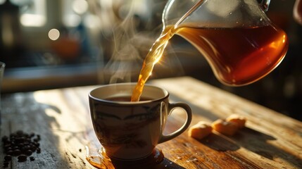  a cup of tea being poured into a cup of coffee on top of a wooden table next to a cup of coffee beans and a glass of water on the table. - obrazy, fototapety, plakaty
