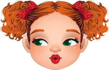 Cute girl rolling her eyes, brown and black curly hair hairstyle. Sexy red lip makeup cartoon character