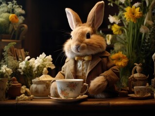  a rabbit sitting on a table next to a cup and saucer with a teacup in front of it and a bouquet of flowers in the back ground behind it.