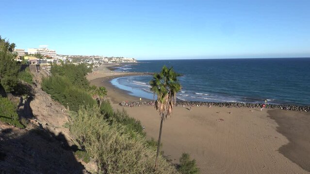Blick &uuml;ber die Str&auml;nde Playa El Veril und Playa de Las Burras nach San Augustin, Maspalomas, Gran Canaria, Spanien