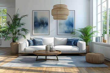 Modern living room interior with stylish comfortable sofa.