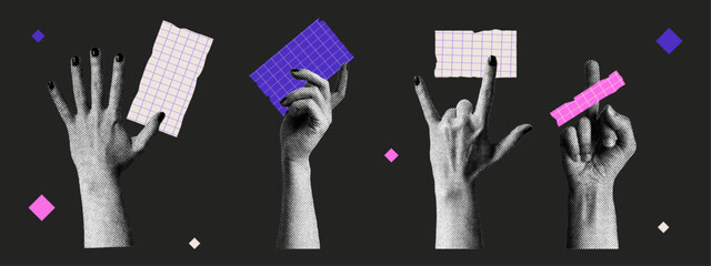Trendy halftone hands collage. Isolated dark background. Jagged and torn paper