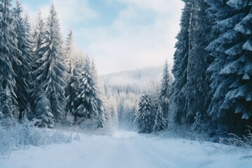 Fototapeta premium a snowy road in the middle of a forest with snow on the ground and trees on both sides of the road, with a blue sky and white clouds in the background.