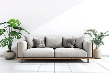 Modern living room with sofa and plant on white background.