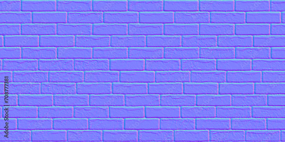 Poster Seamless rough subway brick wall normal map background texture. Old rustic grungy brickwork repeat pattern. Realistic 8k game or architecture design height bump mapping material shader 3D rendering.