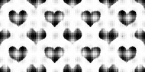Seamless vintage halftone hearts dot pattern background. Tileable grunge black and white printer ink raster dots transparent texture overlay. Retro comic book or print making love concept backdrop.