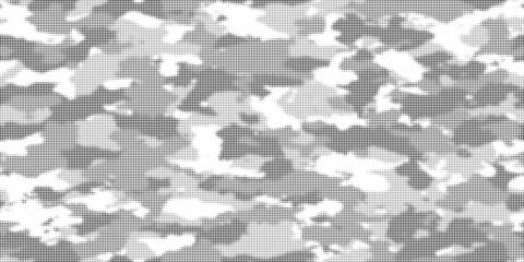 Seamless vintage halftone hunting camouflage dot pattern background. Grunge black and white printer ink raster dots urban grey camo print transparent texture overlay. Retro comic book backdrop.