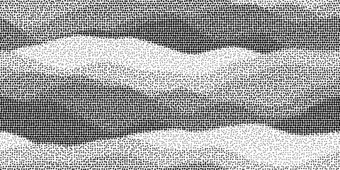 Seamless vintage halftone wavy rolling hills mountain landscape dot pattern background. Grunge black dithered printer ink dots  abstract waves  transparent texture overlay. Retro comic book backdrop.