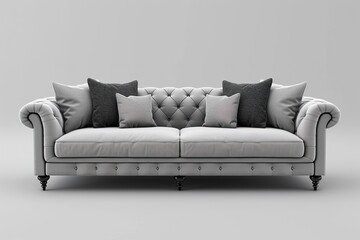 Modern scandinavian classic gray sofa with legs and pillows on gray background. Furniture, interior object, stylish sofa. Gray monochrome interior, showroom. Fabric sofa front view. Single piece .