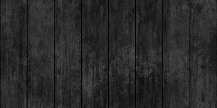 Seamless dark black rustic oak or redwood planks background texture. Stained hardwood wood floor, wall or deck repeat pattern. Vintage old weathered wooden wallpaper or flatlay backdrop. 3D rendering.