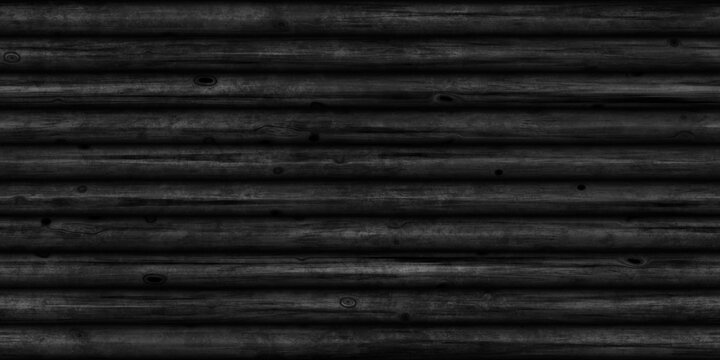 Seamless dark black natural wood log cabin wall background texture. Rustic old grunge redwood timber logs tileable repeat surface pattern. High resolution construction flatlay backdrop 3D rendering.