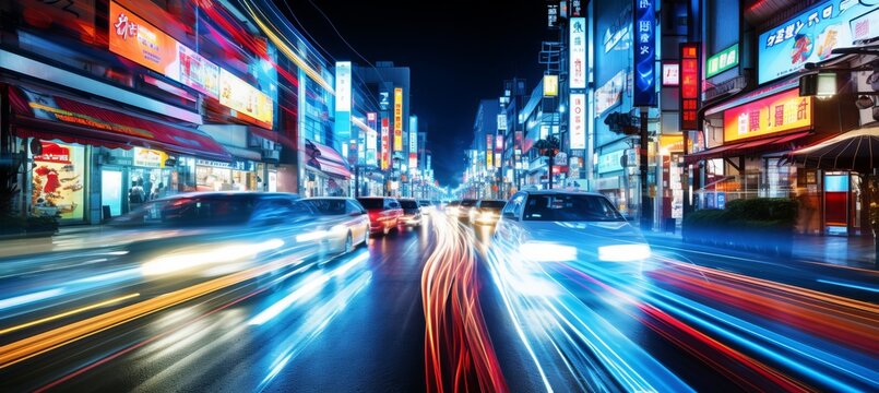 Blurred bokeh effect of urban nightlife with neon lights and a mesmerizing cityscape at night.