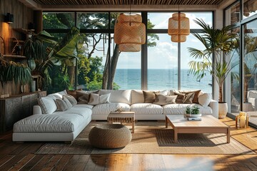 Perspective of modern luxury living room with white sofa and hanging lamp on sea view...