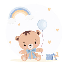 Vector holiday illustration with cute teddy bear with balloon, gift box, rainbow and hearts in the background. Children's theme, birthday, children's wallpaper. Postcard, banner.