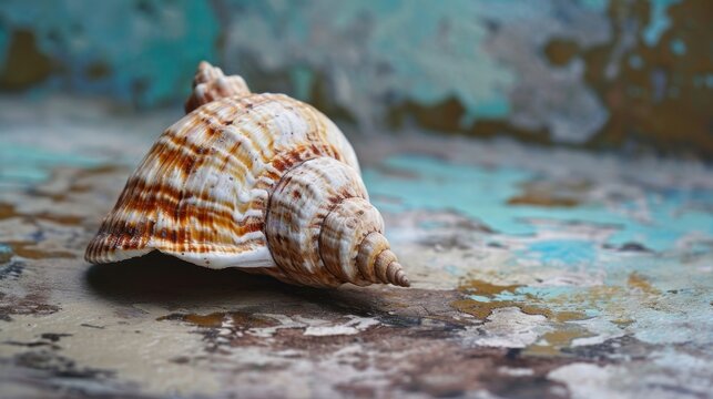  a close up of a sea shell on a blue and rusted surface with a rusted wall in the background and a blue paint chipped wall in the background.