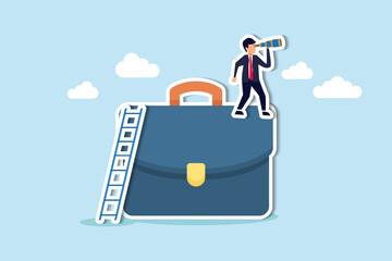 Career future, hope for work success or search for career path, ambition to find work opportunity, job promotion or business strategy concept, businessman climb up on briefcase see through binoculars.