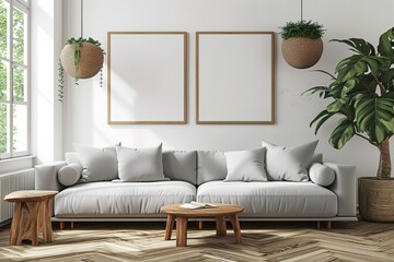 Scandinavian interior poster mock up with horizontal wooden frames, light grey sofa on wooden floor, wooden side table and green plant in living room with white wall. 3d illustrations