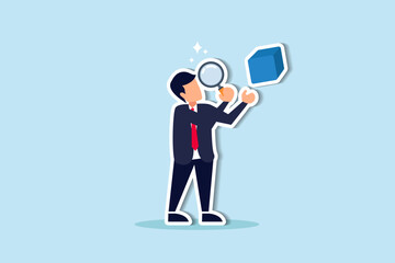 Business case study or marketing research, analyze product prototype or competitor, learning or search for strong and weakness concept, smart businessman use magnifying glass to analyze floating cube.