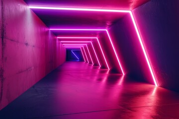 A lone light pierces the dark emptiness of a long hallway, casting an eerie purple glow on the walls - obrazy, fototapety, plakaty