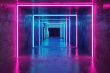 Abstract light fills an empty hallway interior with a futuristic tunnel effect
