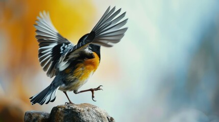  a bird that is standing on a rock with it's wings wide open and it's feet spread wide, with it's wings spread wide open.