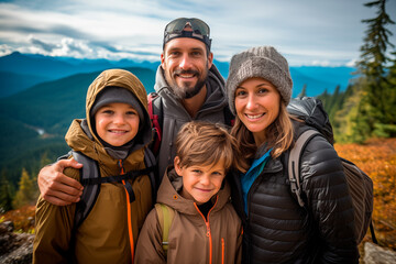 Portrait of a family hiking in the mountains. Generative AI