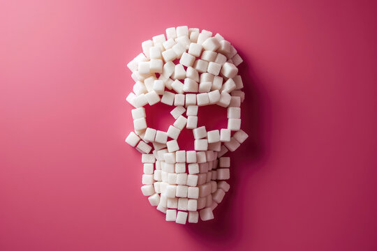 Skull in the form of white sugar. Diabetic concept. Quitting sugar in favor of a healthy lifestyle. Pink background