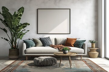 Stylish Living Room Interior with an Abstract Frame Poster, Modern interior design