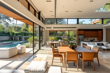 Fototapeta na wymiar Sunny modern, luxury home showcase interior dining room open to patio
