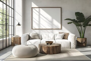 Fototapeta na wymiar Stylish Living Room Interior with Mockup Frame Poster, Modern interior design