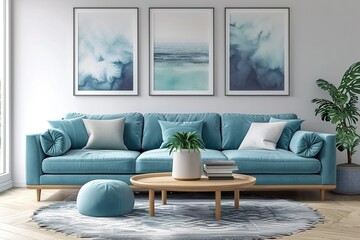 Turquoise sofa and big posters. Interior design of modern living room.