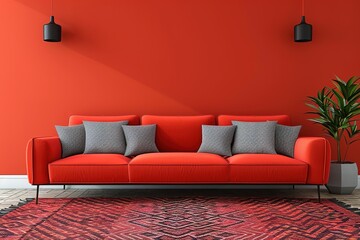 Stylish sofa and carpet on color background.