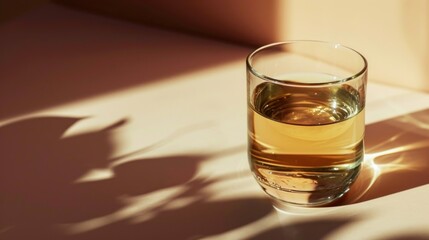  a glass of water sitting on a table with a shadow of a person's shadow on the wall behind it and a shadow of a person's shadow on the table.