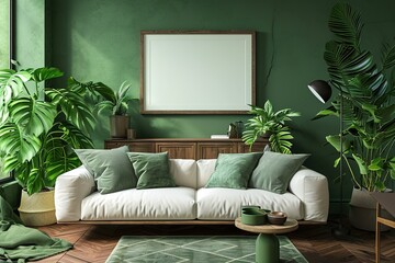 Warm and cozy composition of spring living room interior with mock up poster frame, wooden sideboard, white sofa, green stand, base with leaves, plants, stylish lamp. Home decor.