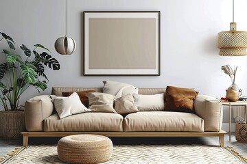 Warm and cozy interior of living room space with brown sofa, pouf, beige carpet, lamp, mock up poster frame, decoration, plant and coffee table. Cozy home decor.