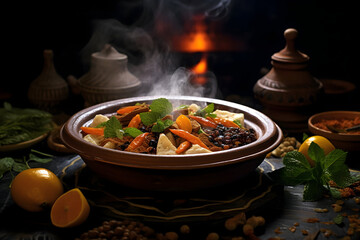 Traditional oriental hot pot with chicken and vegetables on dark background.