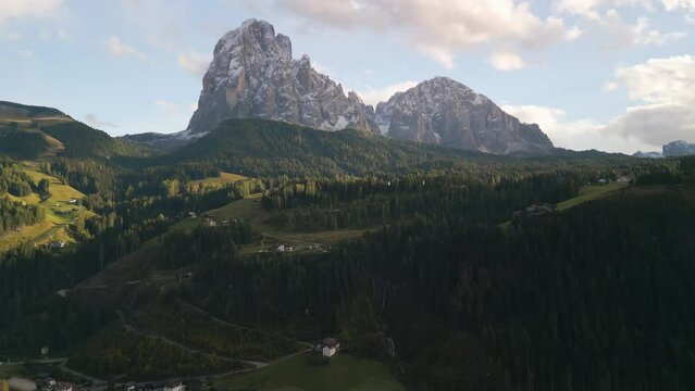 Aerial video of a landscape with Sasso Longo and Sasso Piato mountains 