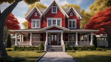 Fototapeta premium Seamless Integration of a Farmhouse in a Picturesque Suburban Environment - AI Generative