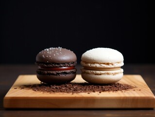  a couple of doughnuts sitting on top of a wooden cutting board next to a cupcake on top of a pile of chocolate sprinkled chocolate chips.