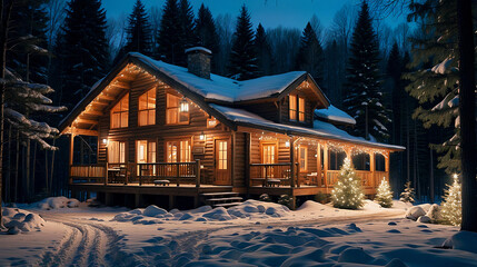Cabin house in the forest covered with snow during winter.