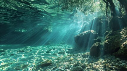  the sun shines through the water on the rocks and under the water is a rock - strewn area with rocks and a tree in the middle of the water. - obrazy, fototapety, plakaty