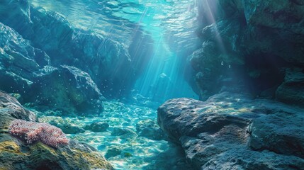  an underwater view of a coral reef with sunlight streaming through the water's rocks and under the water's surface, with sunlight streaming through the water's surface.
