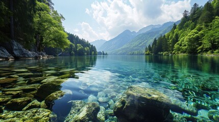  a body of water surrounded by lush green trees and a mountain range in the distance with a few clouds in the sky over the water and on the right side of the water.