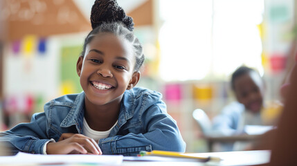 Happy black african american child school girl studying in the classroom. Education back to school concept