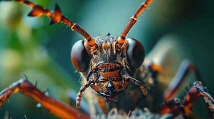  a close up of a bug with very long legs and a very large head on it's back legs, with orange and black markings on it's body.
